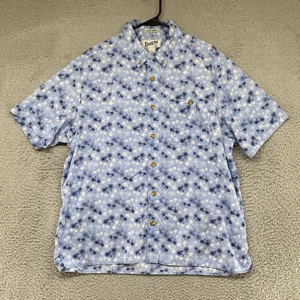 Duluth Untucked Shirt Mens Large Blue Bicycle Print Short Sleeve Button Up